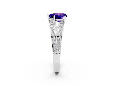 White gold Heart Cut Tanzanite Split Shank Ring with Pavé Band and Four-Prong Setting_2