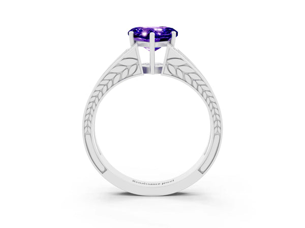 Platinum Heart Cut Tanzanite Split Shank Ring with Pavé Band and Four-Prong Setting