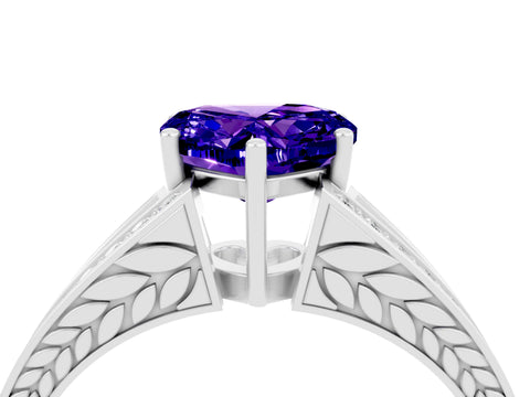 White gold Heart Cut Tanzanite Split Shank Ring with Pavé Band and Four-Prong Setting_4