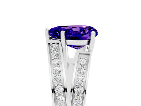 White gold Heart Cut Tanzanite Split Shank Ring with Pavé Band and Four-Prong Setting_5