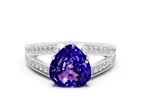 White gold Heart Cut Tanzanite Split Shank Ring with Pavé Band and Four-Prong Setting