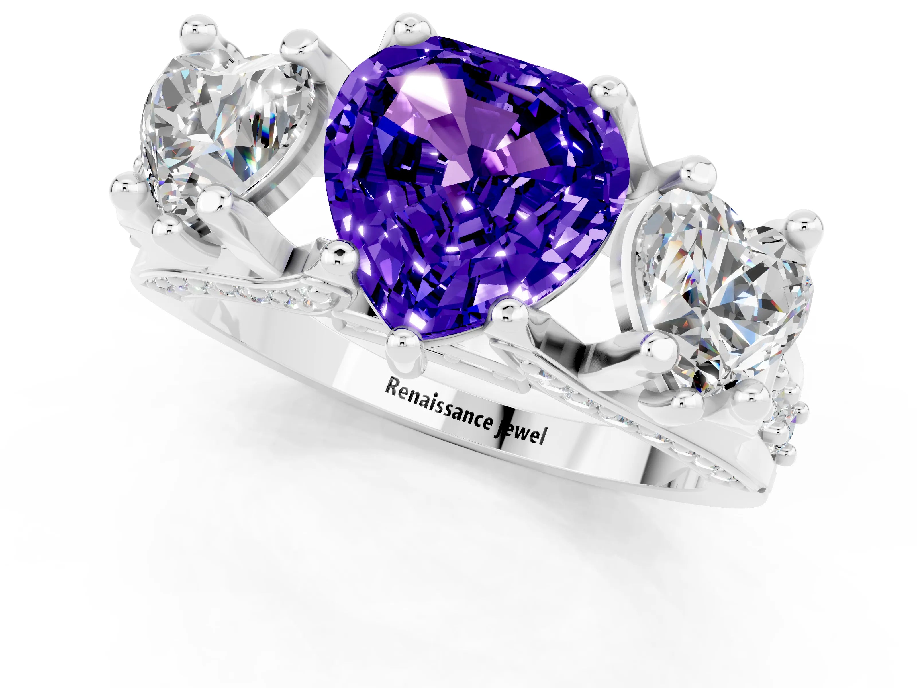 White gold Heart Cut Tanzanite Three-Stone Ring with Channel Set Band and Four-Prong Setting_1
