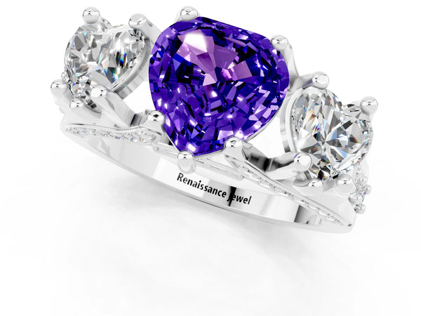 White gold Heart Cut Tanzanite Three-Stone Ring with Channel Set Band and Four-Prong Setting