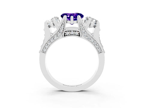 White gold Heart Cut Tanzanite Three-Stone Ring with Channel Set Band and Four-Prong Setting_3