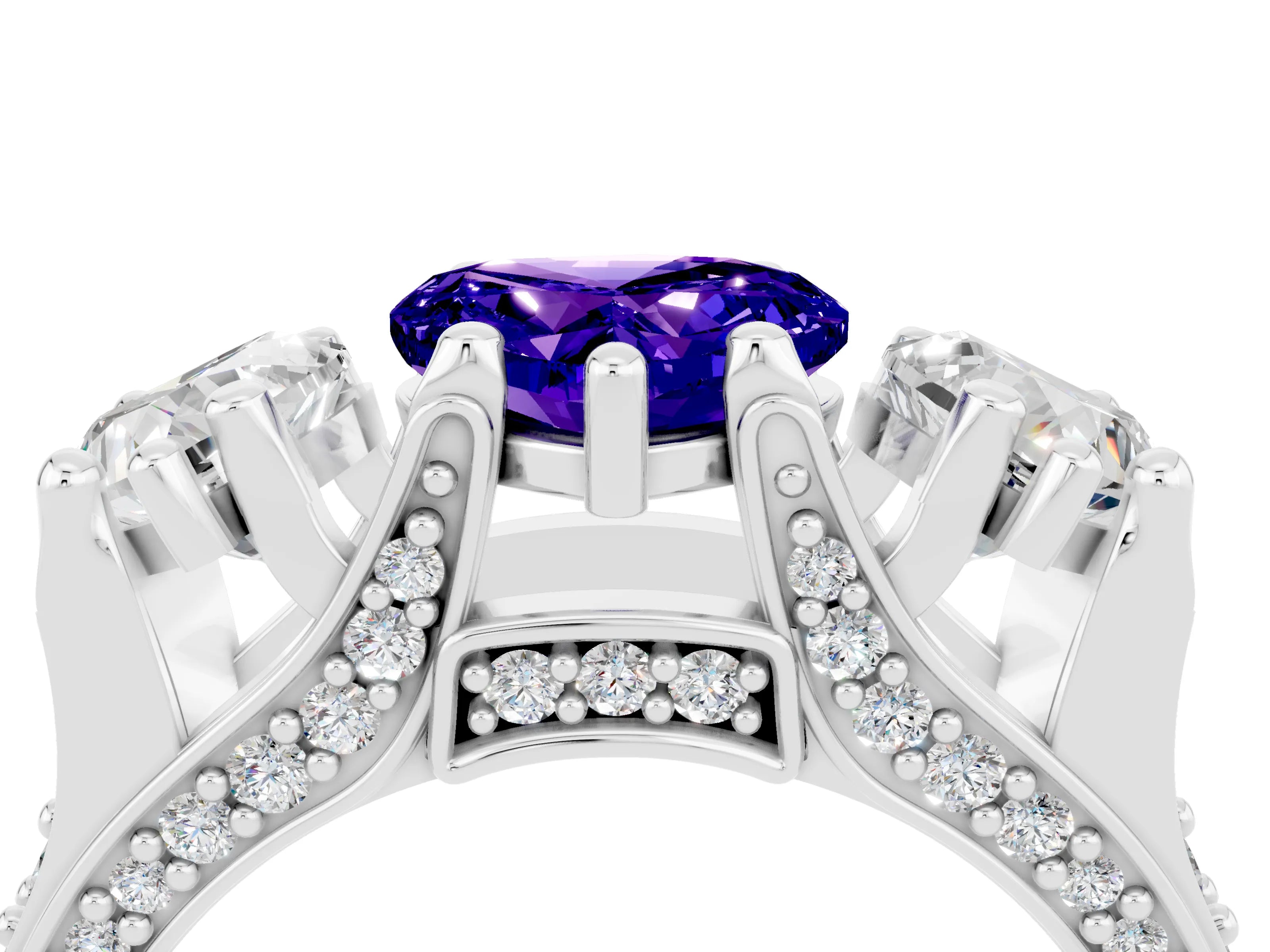 White gold Heart Cut Tanzanite Three-Stone Ring with Channel Set Band and Four-Prong Setting_4