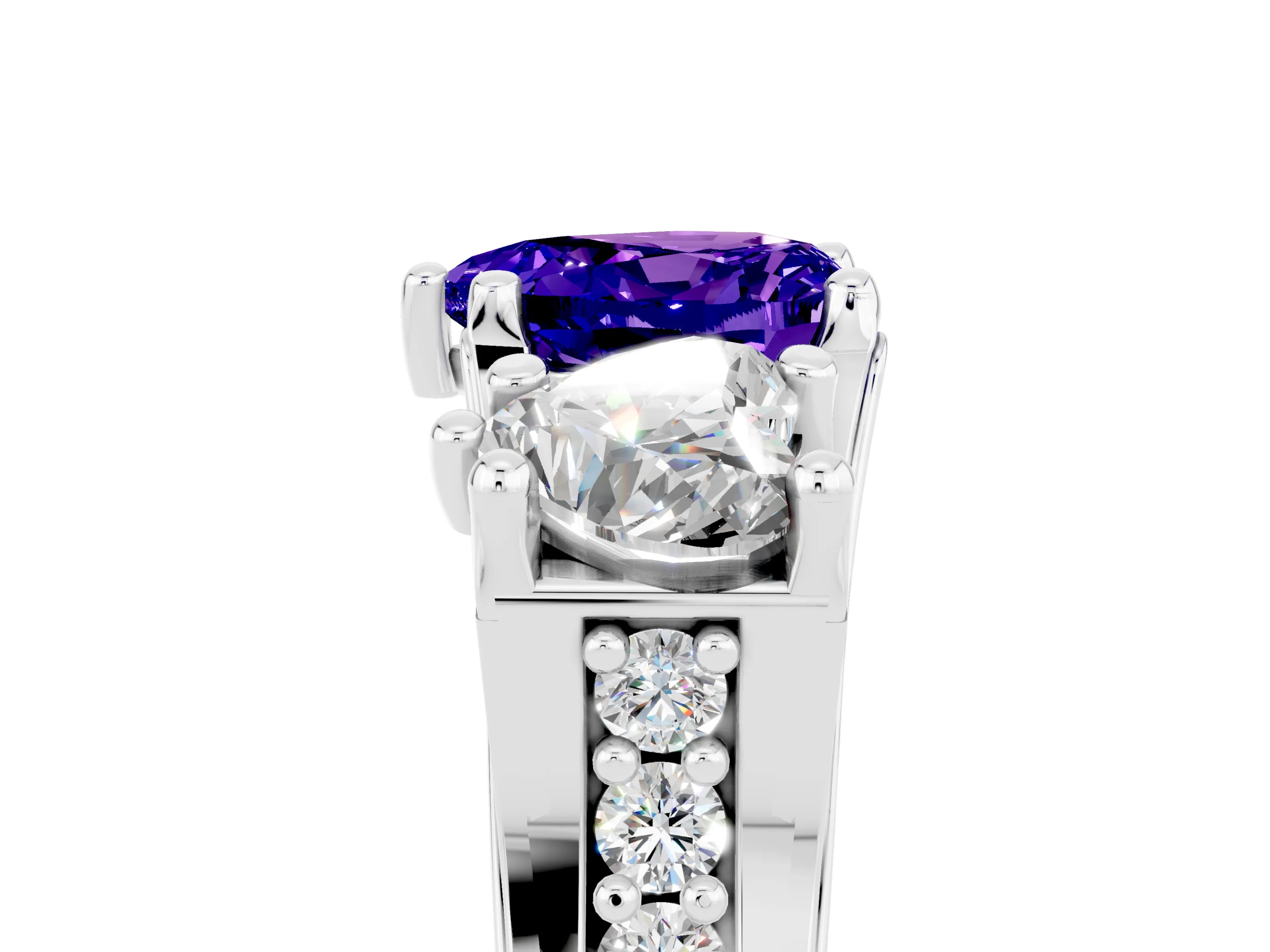 White gold Heart Cut Tanzanite Three-Stone Ring with Channel Set Band and Four-Prong Setting_5