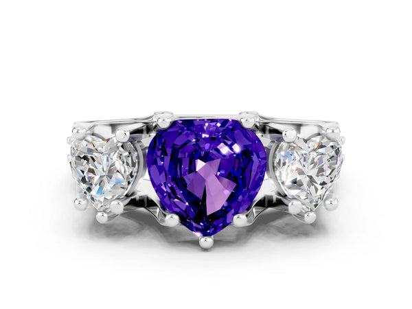 White gold Heart Cut Tanzanite Three-Stone Ring with Channel Set Band and Four-Prong Setting