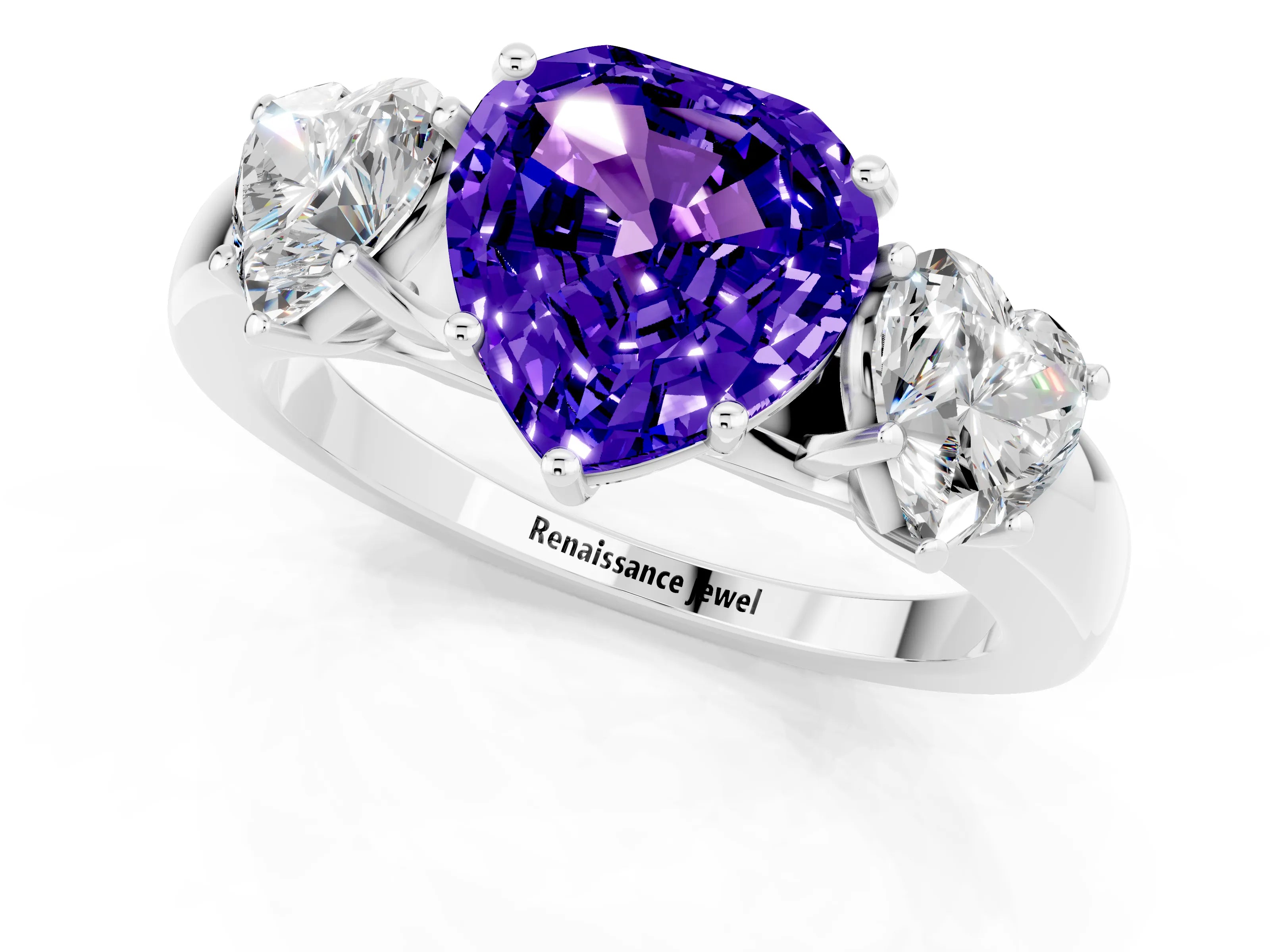 White gold Heart Cut Tanzanite Three-Stone Ring with Four-Prong Setting and Classic Band_1