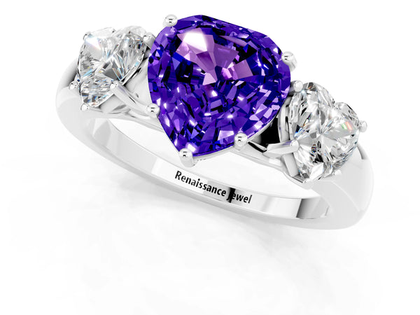 Platinum Heart Cut Tanzanite Three-Stone Ring with Four-Prong Setting and Classic Band