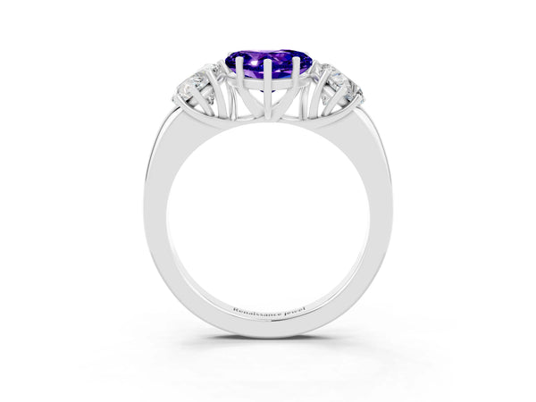 White gold Heart Cut Tanzanite Three-Stone Ring with Four-Prong Setting and Classic Band