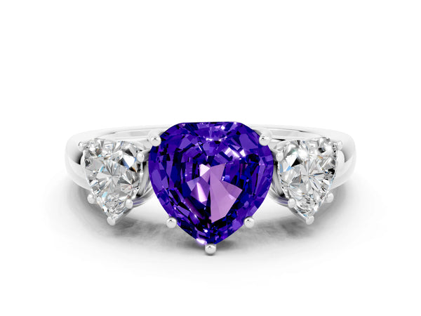White gold Heart Cut Tanzanite Three-Stone Ring with Four-Prong Setting and Classic Band