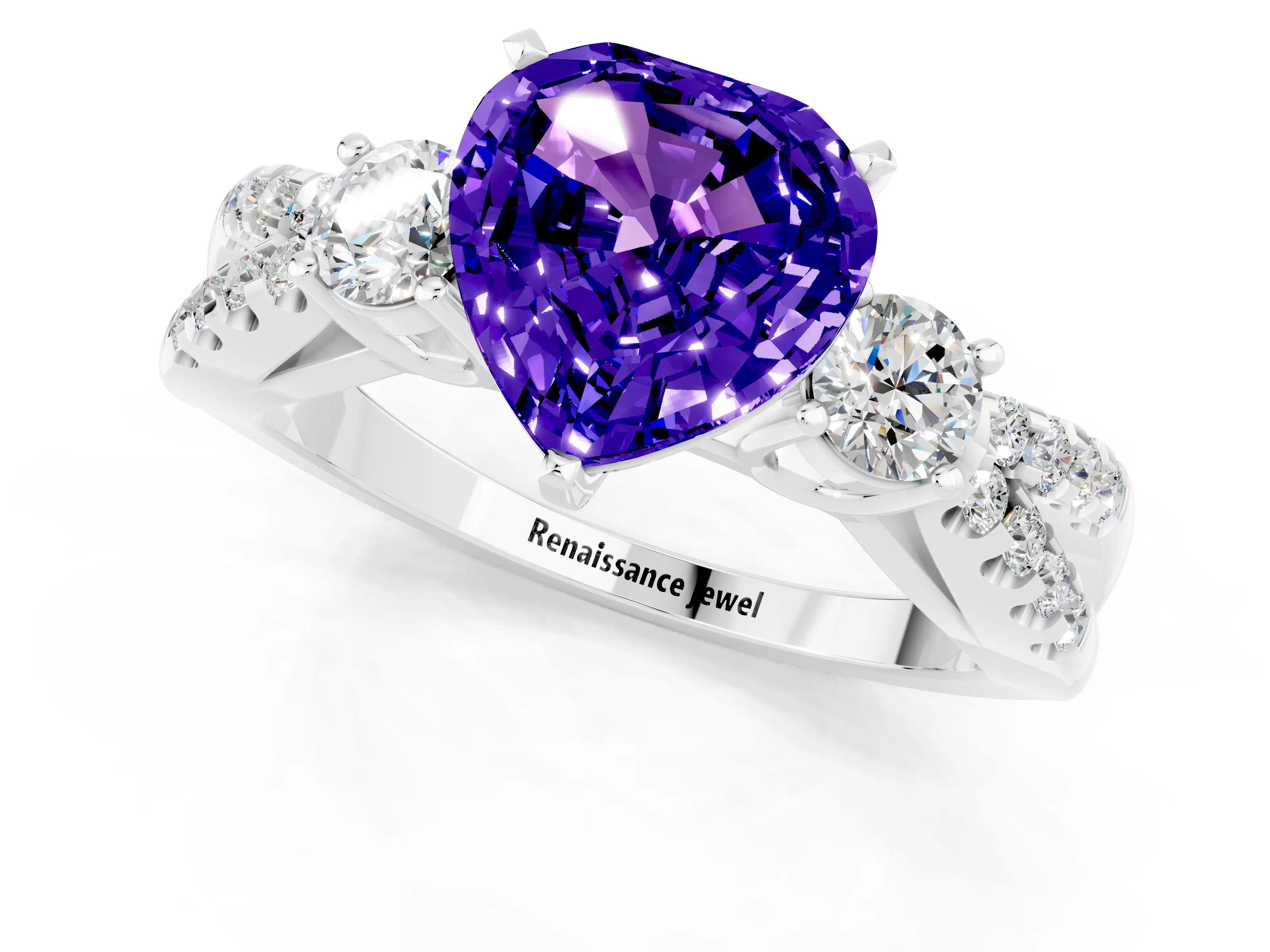 White gold Heart Cut Tanzanite Three-Stone Ring with Pavé Split Shank and Four-Prong Setting_1