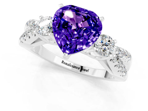 White gold Heart Cut Tanzanite Three-Stone Ring with Pavé Split Shank and Four-Prong Setting_1