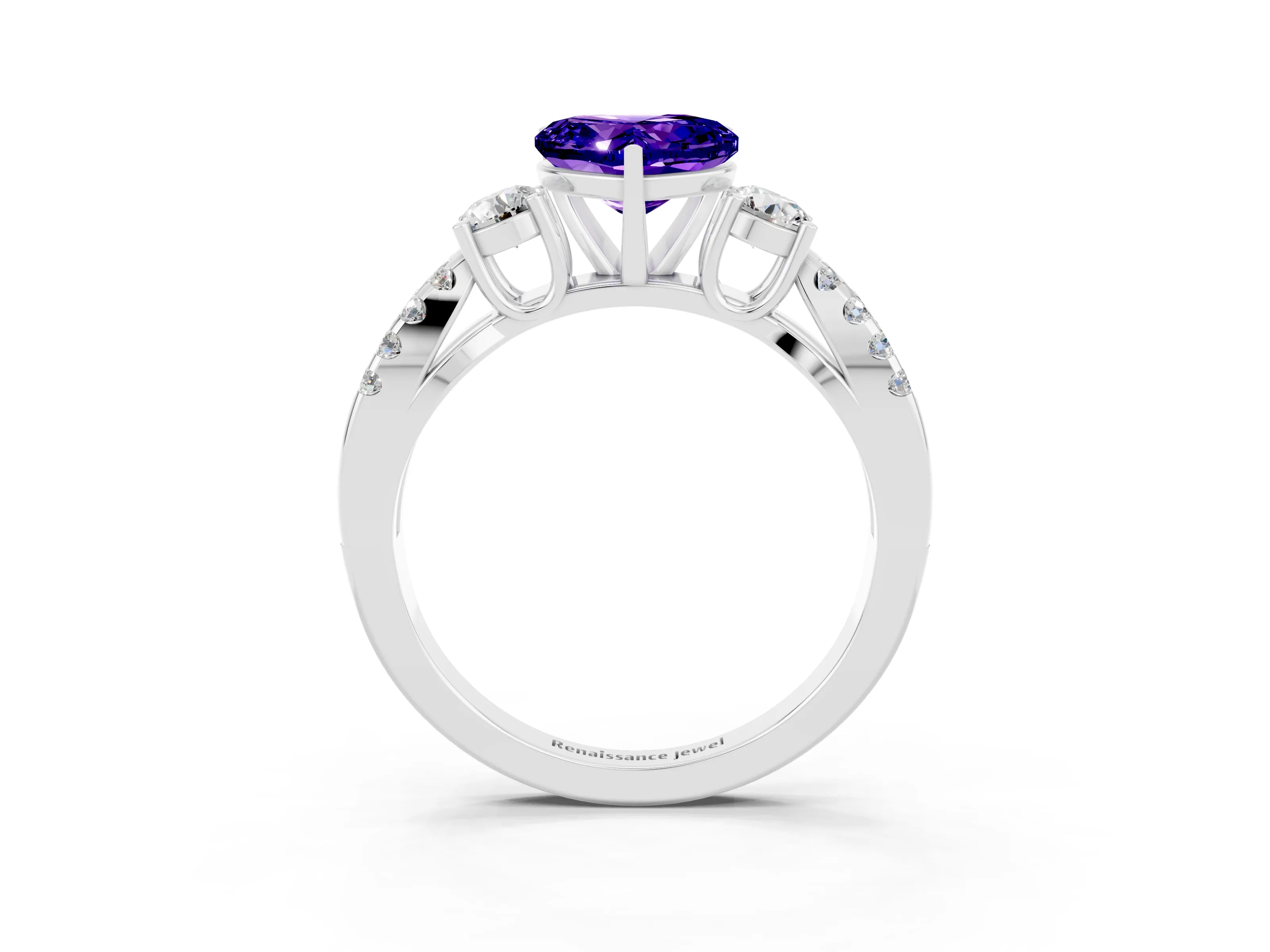 White gold Heart Cut Tanzanite Three-Stone Ring with Pavé Split Shank and Four-Prong Setting_3
