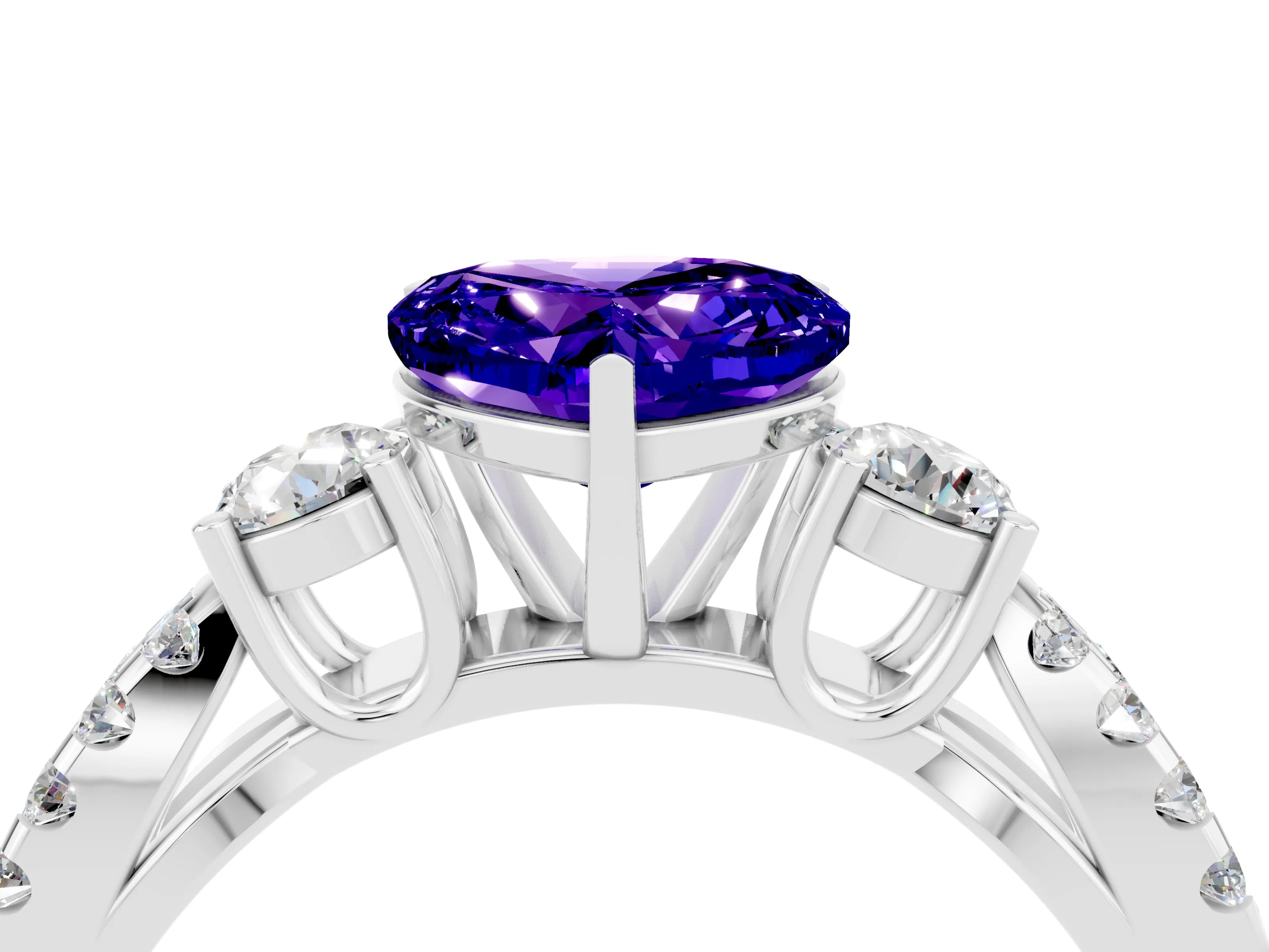White gold Heart Cut Tanzanite Three-Stone Ring with Pavé Split Shank and Four-Prong Setting_4