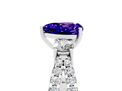 White gold Heart Cut Tanzanite Three-Stone Ring with Pavé Split Shank and Four-Prong Setting_5