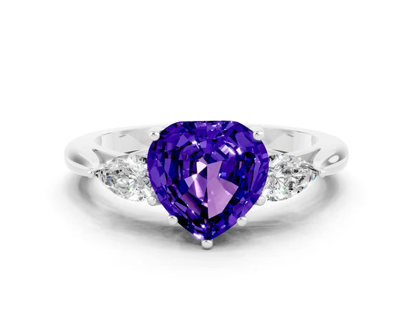 White gold Heart Cut Tanzanite Three-Stone Ring with Pear  Side Stones and Prong Setting