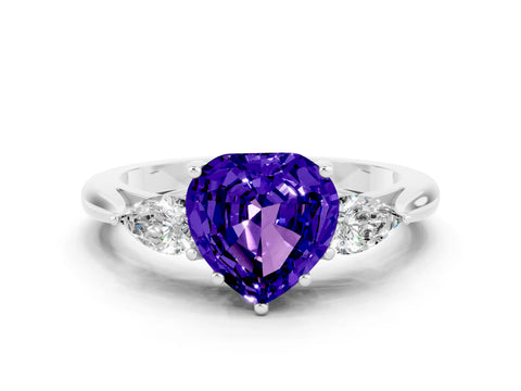 White gold Heart Cut Tanzanite Three-Stone Ring with Pear Side Stones and Four-Prong Setting_12