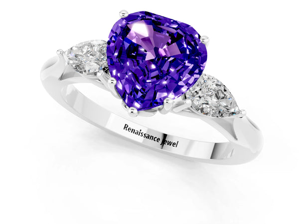 Platinum Heart Cut Tanzanite Three-Stone Ring with Pear  Side Stones and Prong Setting