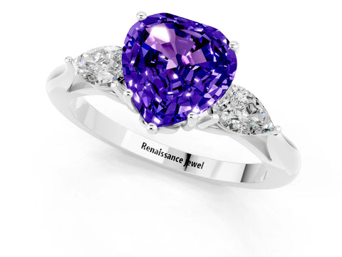 White gold Heart Cut Tanzanite Three-Stone Ring with Pear Side Stones and Four-Prong Setting_13
