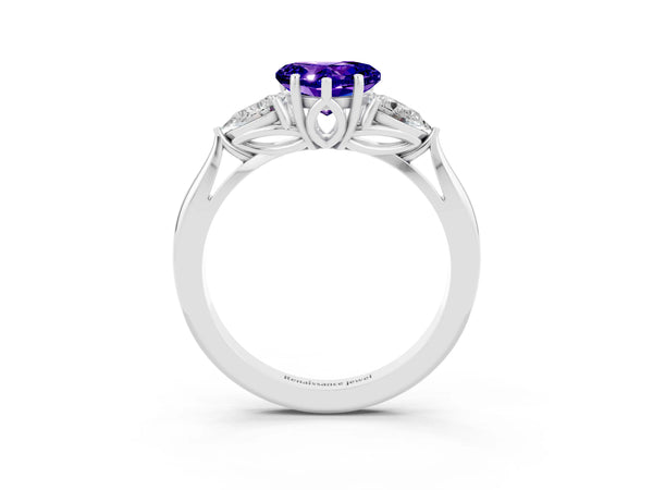 Silver Heart Cut Tanzanite Three-Stone Ring with Pear  Side Stones and Prong Setting