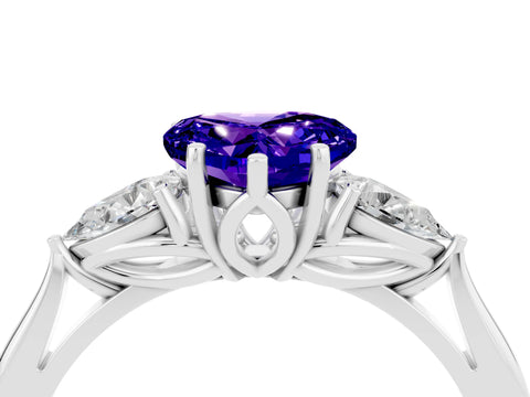 White gold Heart Cut Tanzanite Three-Stone Ring with Pear Side Stones and Four-Prong Setting_16