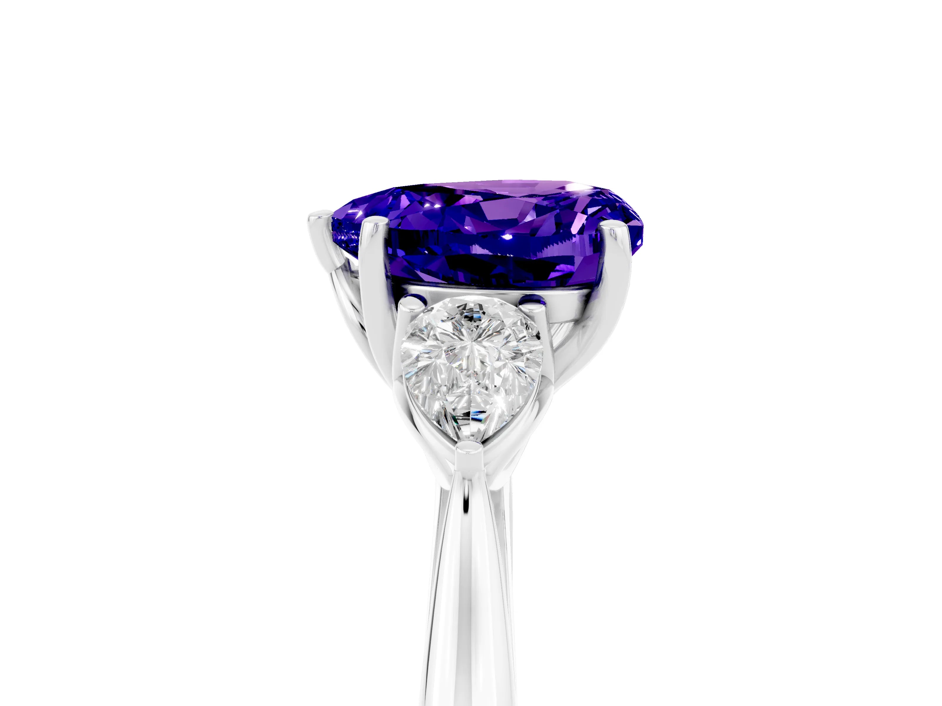 White gold Heart Cut Tanzanite Three-Stone Ring with Pear Side Stones and Four-Prong Setting_17