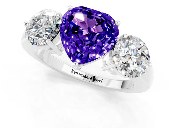 Platinum Heart Cut Tanzanite Three-Stone Ring with Prong Setting and Classic Band