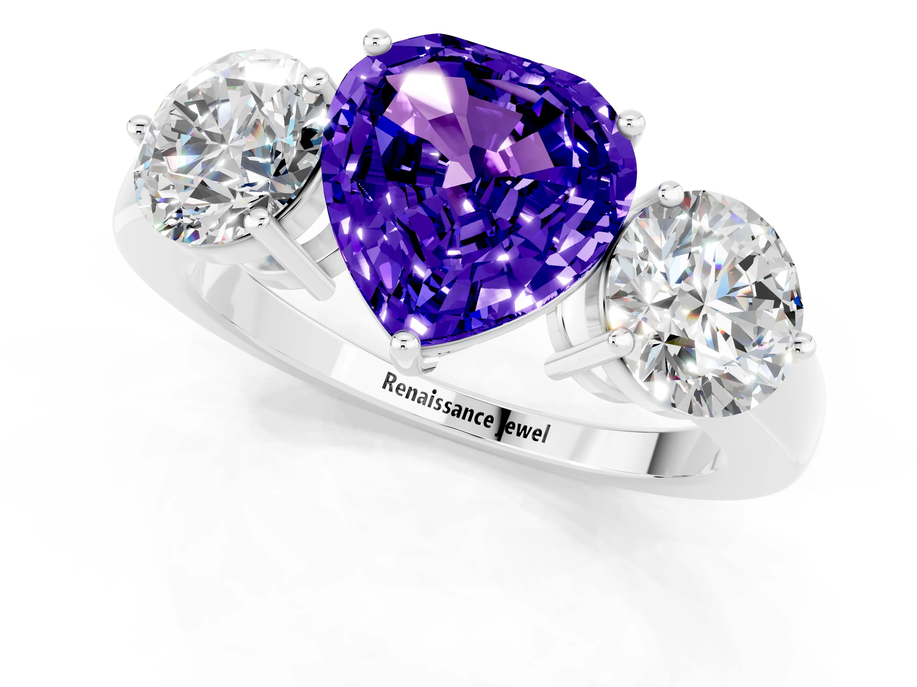White gold Heart Cut Tanzanite Three-Stone Ring with Prong Setting and Classic Band_1