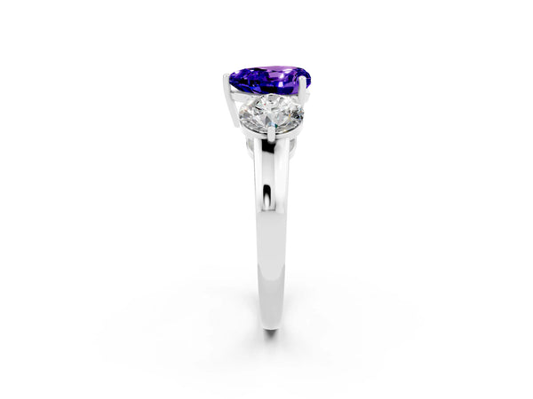 White gold Heart Cut Tanzanite Three-Stone Ring with Prong Setting and Classic Band