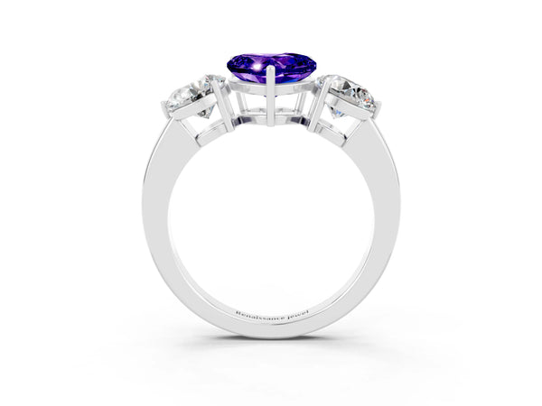 Platinum Heart Cut Tanzanite Three-Stone Ring with Prong Setting and Classic Band