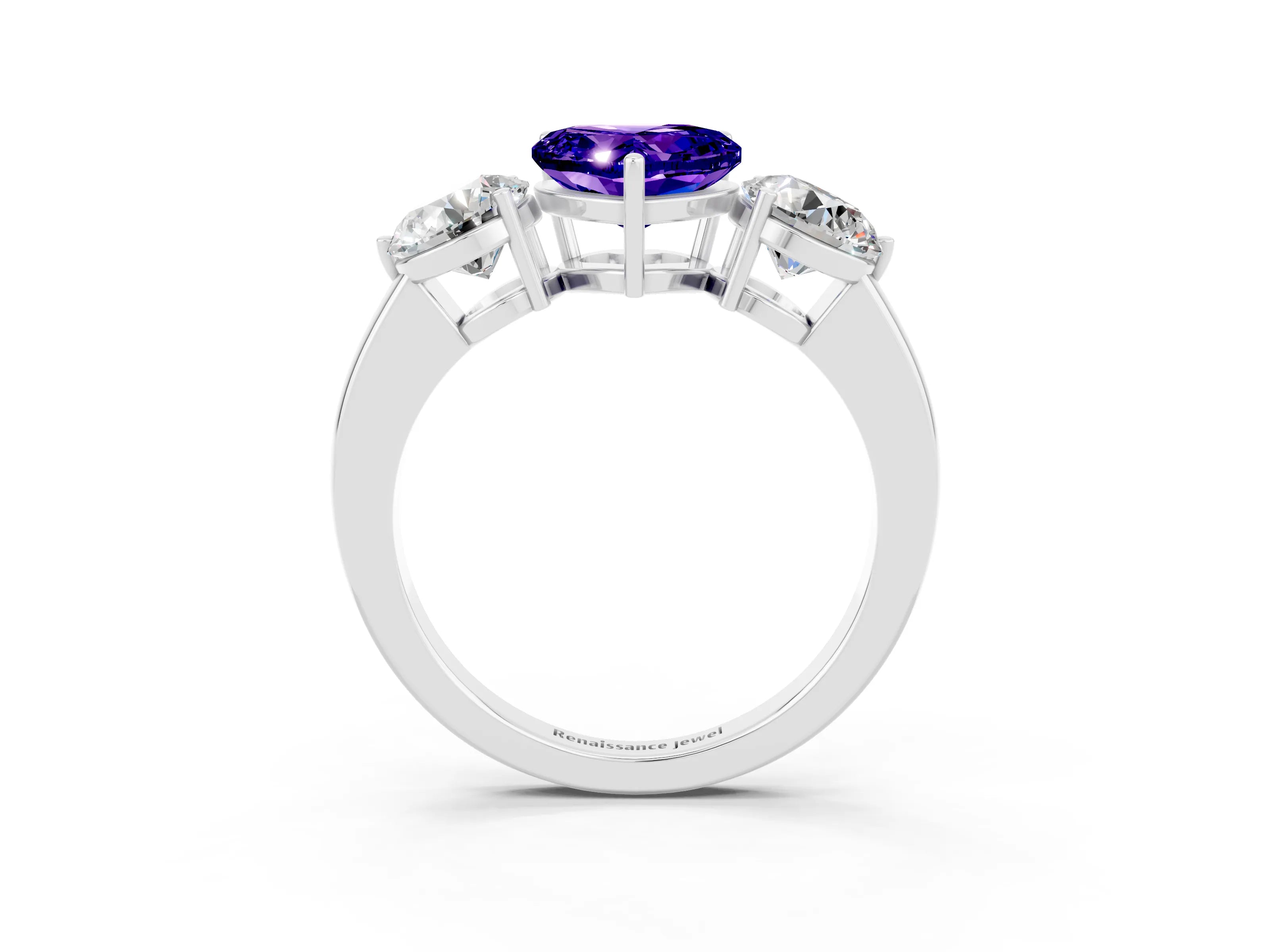 White gold Heart Cut Tanzanite Three-Stone Ring with Prong Setting and Classic Band_3