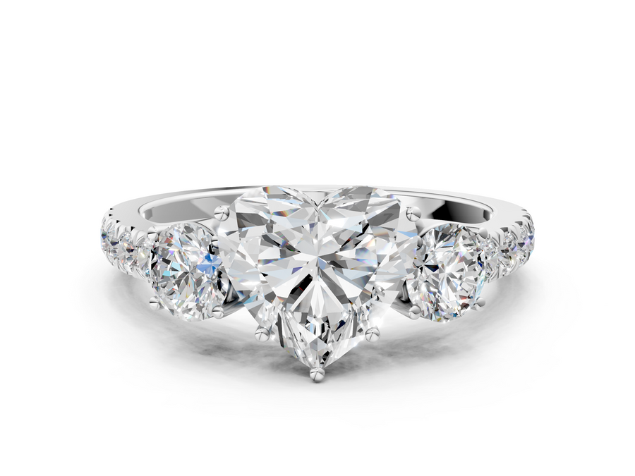 White gold Heart Cut Diamond Three-Stone Ring with Round Side Stones and Pavé Band