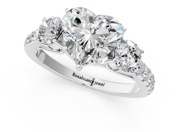 White gold Heart Cut Diamond Three-Stone Ring with Round Side Stones and Pavé Band