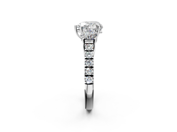 White gold Heart Cut Diamond Three-Stone Ring with Round Side Stones and Pavé Band