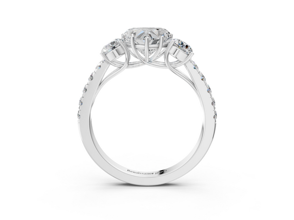 White gold Heart Cut Diamond Three-Stone Ring with Round Side Stones and Pavé Band