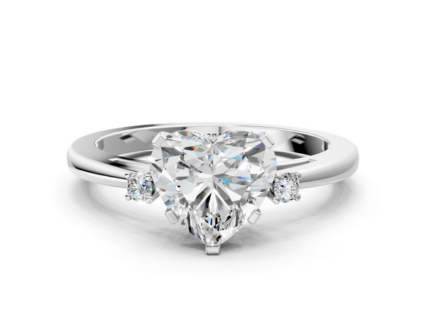 White gold Heart Cut Three-Stone Solitaire Ring with Round Accent Diamonds and Four-Prong Setting