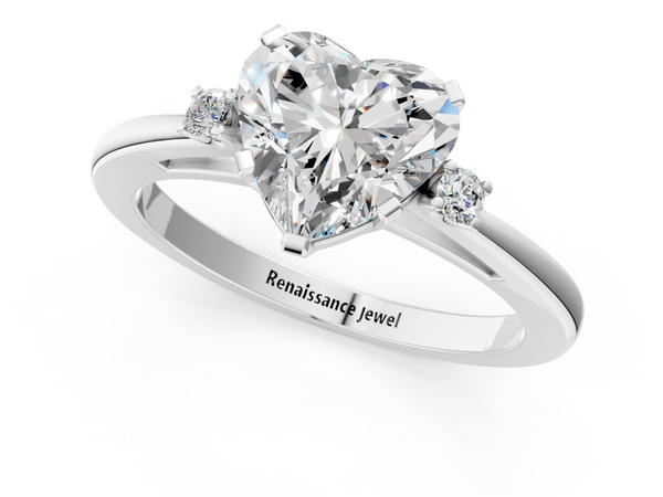 White gold Heart Cut Three-Stone Solitaire Ring with Round Accent Diamonds and Four-Prong Setting