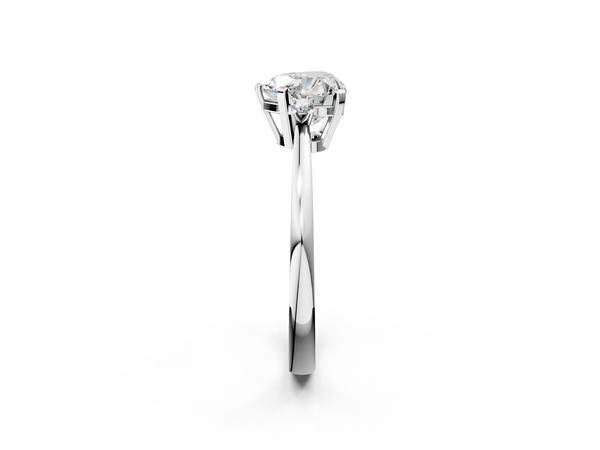 White gold Heart Cut Three-Stone Solitaire Ring with Round Accent Diamonds and Four-Prong Setting
