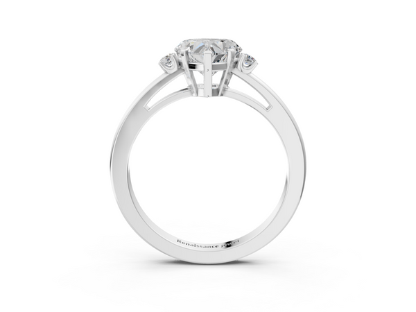 White gold Heart Cut Three-Stone Solitaire Ring with Round Accent Diamonds and Four-Prong Setting