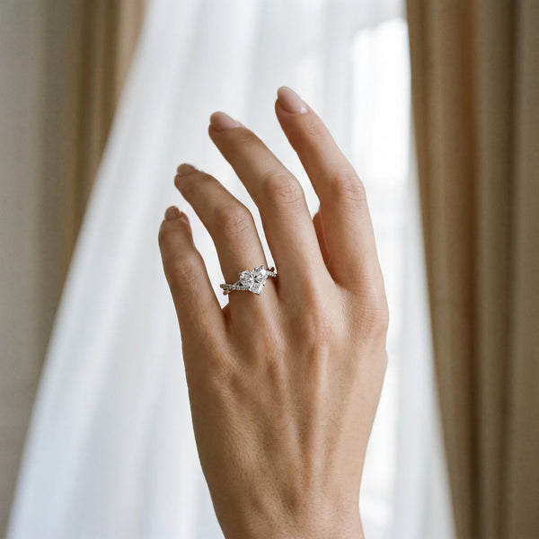 White gold Heart Cut Twist Band Solitaire Diamond Ring with Pavé Setting