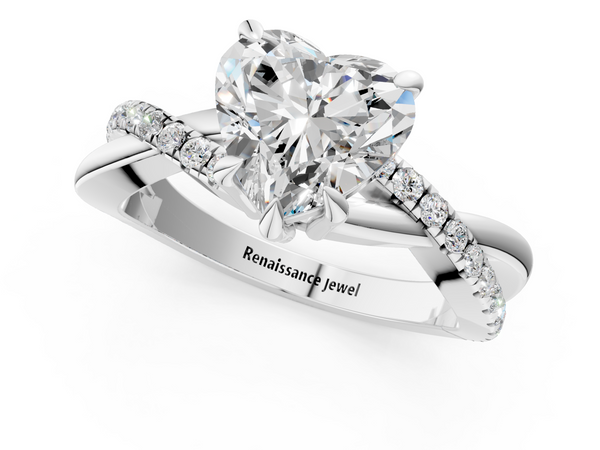 White gold Heart Cut Twist Band Solitaire Diamond Ring with Pavé Setting