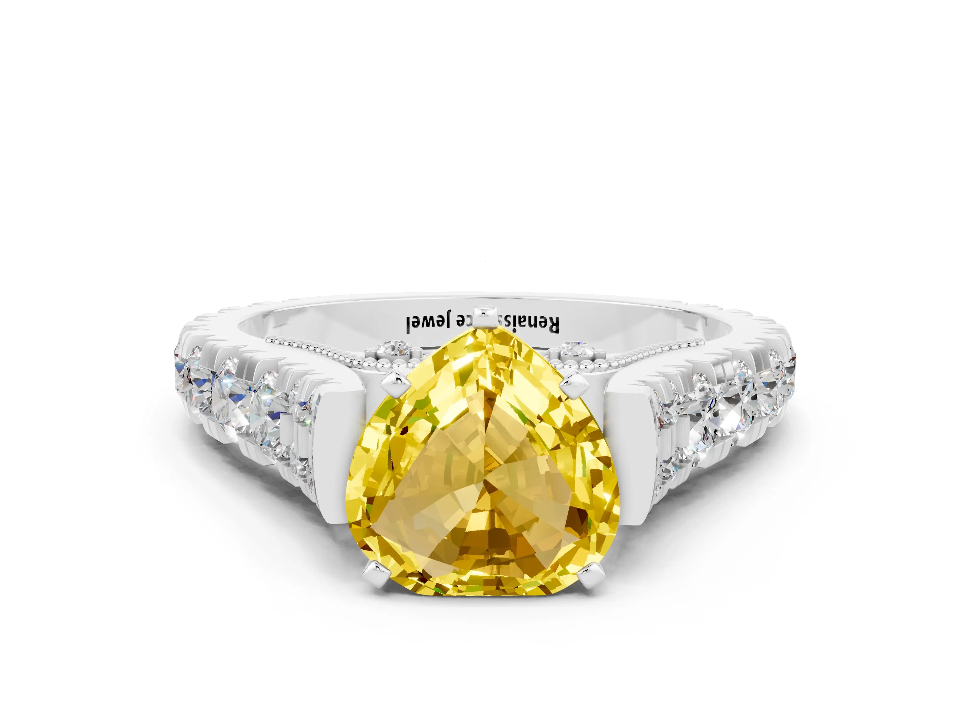 White gold Heart Cut Yellow Sapphire Classic Solitaire Ring with Pavé Band and Four-Prong Setting_12