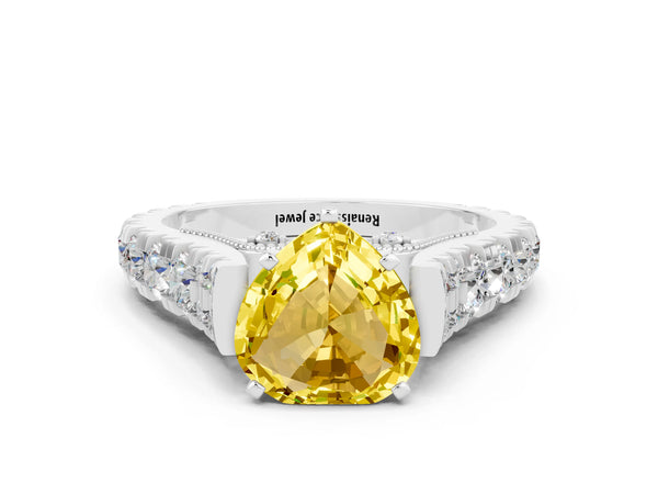 Silver Heart Cut Yellow Sapphire Classic Solitaire Ring with Pavé Band and Four-Prong Setting