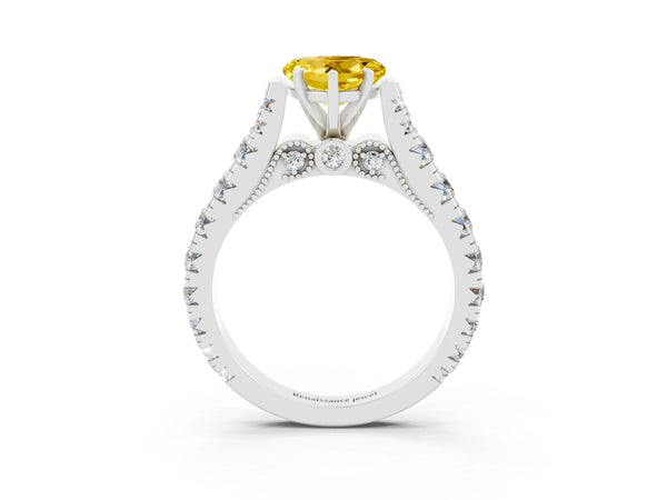 Silver Heart Cut Yellow Sapphire Classic Solitaire Ring with Pavé Band and Four-Prong Setting