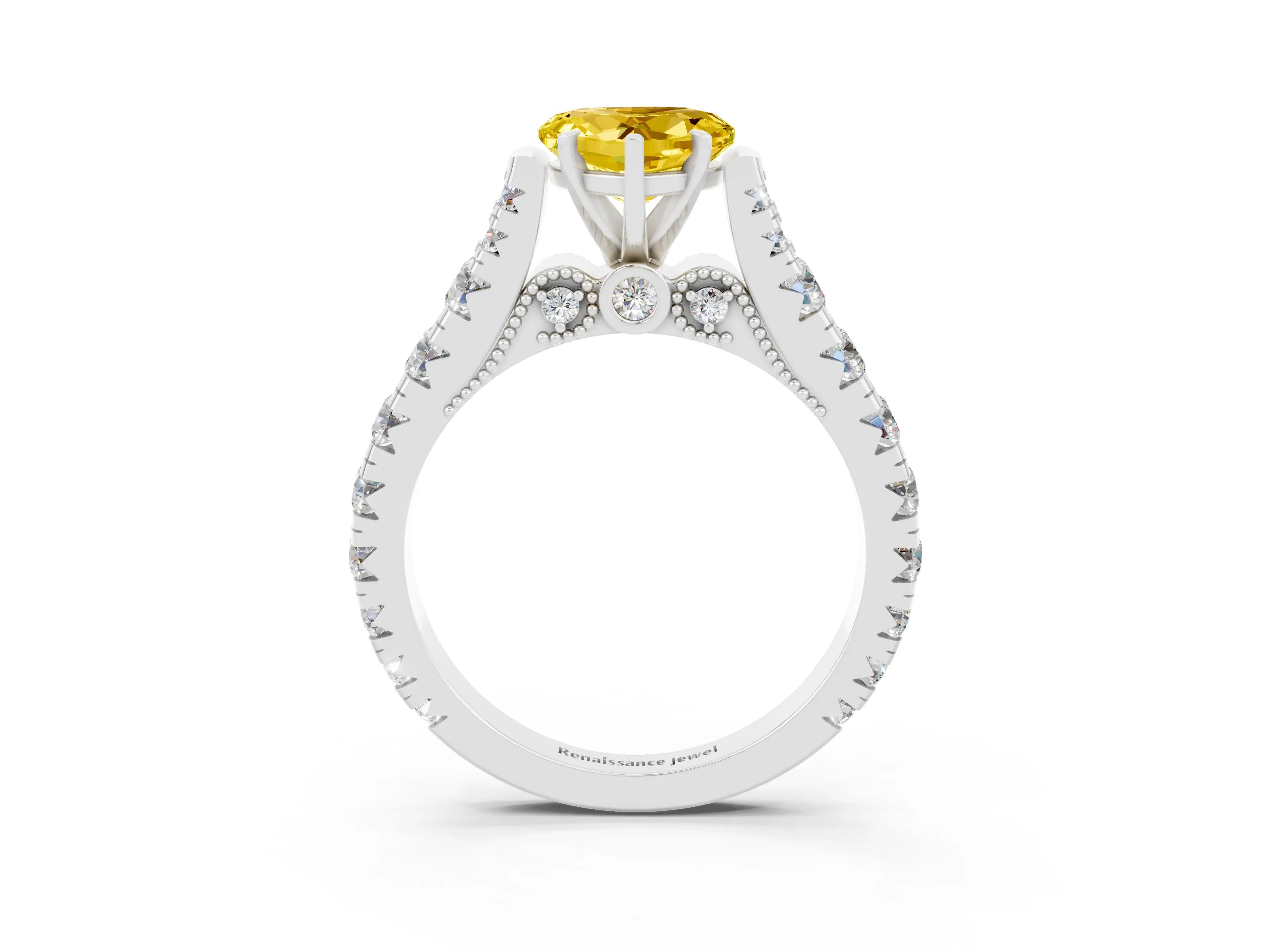 White gold Heart Cut Yellow Sapphire Classic Solitaire Ring with Pavé Band and Four-Prong Setting_15
