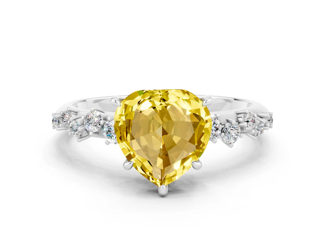 White gold Heart Cut Yellow Sapphire Cluster Side Stone Solitaire Ring with Prong Setting_72