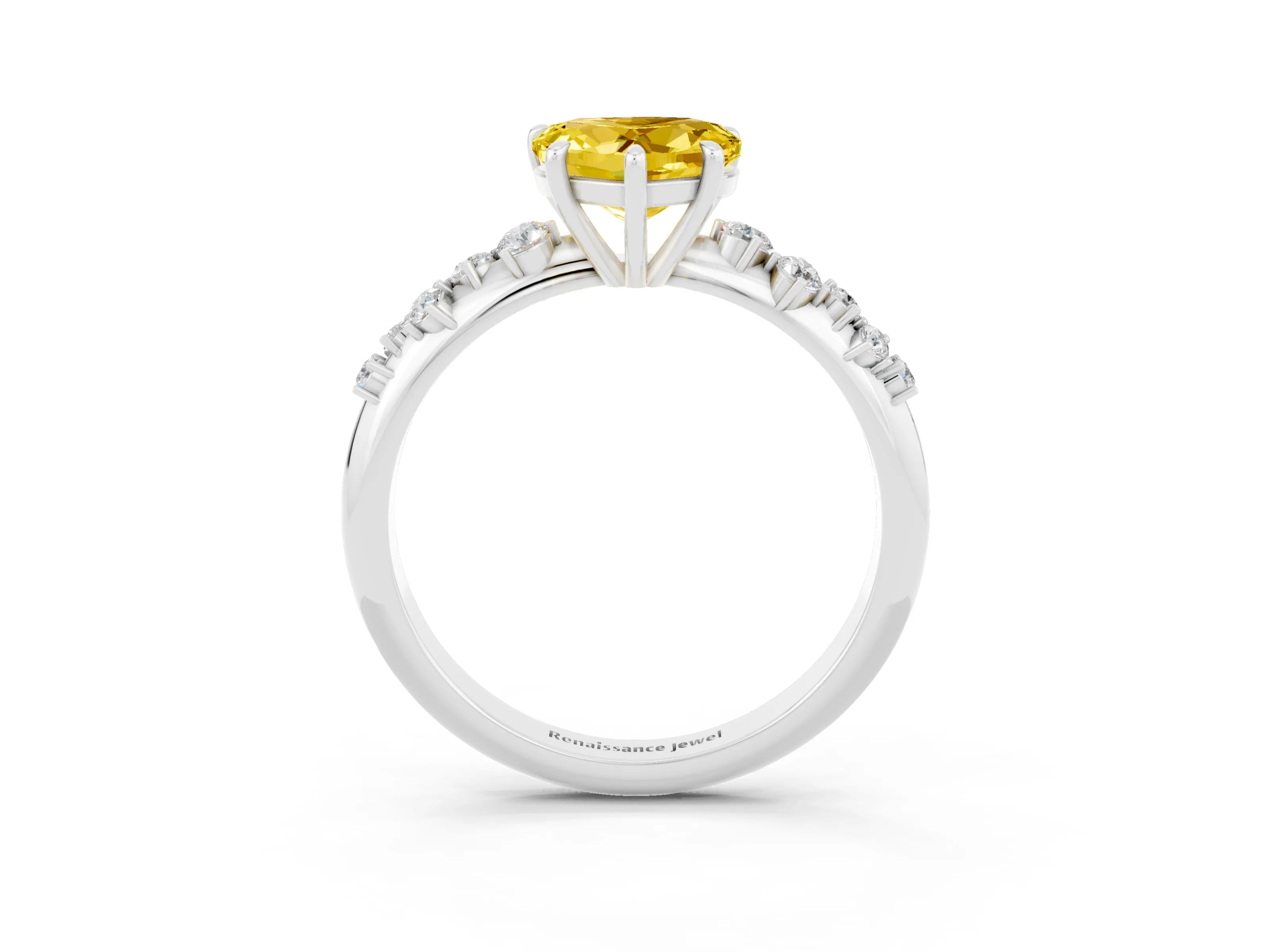 White gold Heart Cut Yellow Sapphire Cluster Side Stone Solitaire Ring with Prong Setting_75