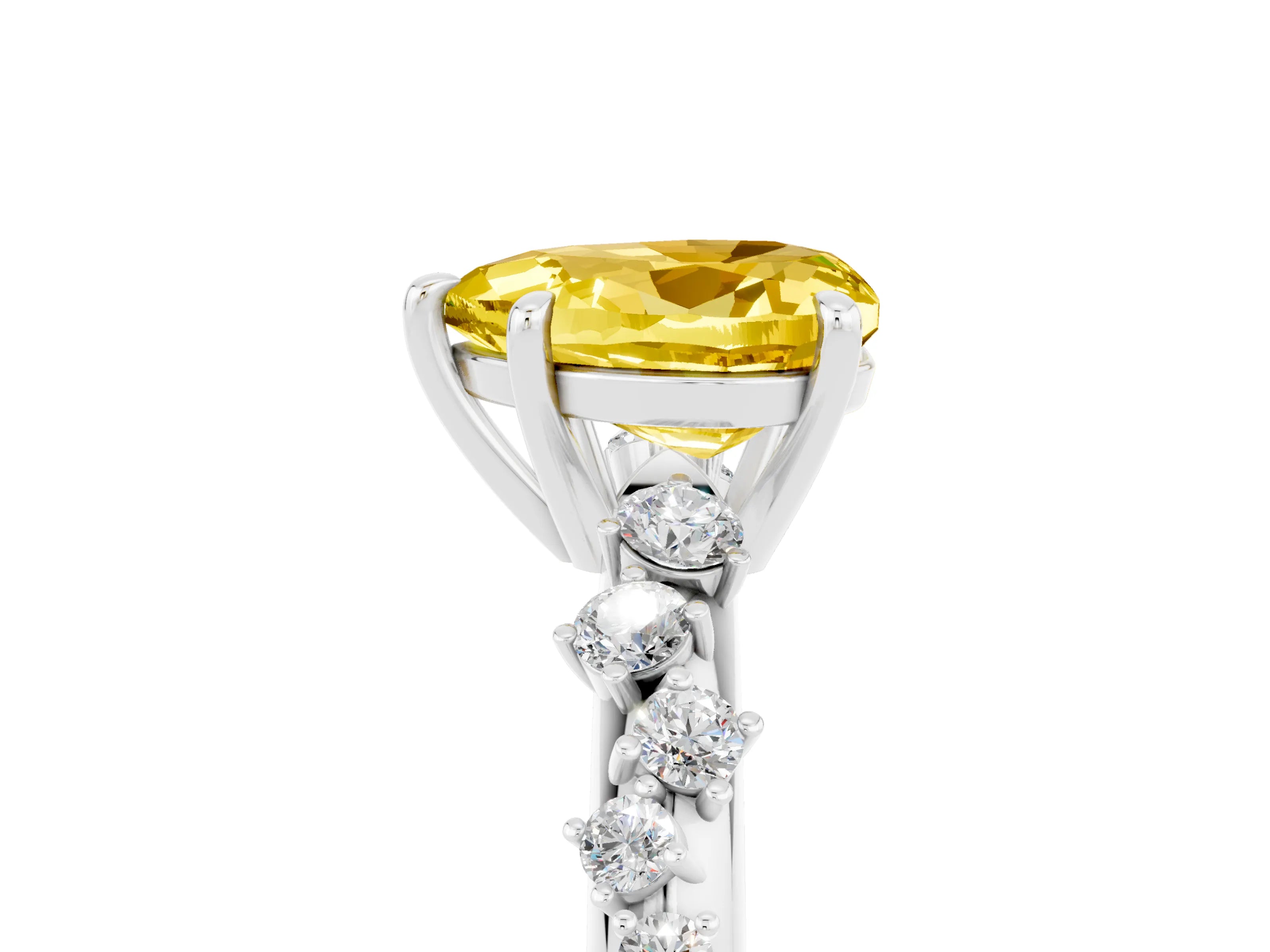 White gold Heart Cut Yellow Sapphire Cluster Side Stone Solitaire Ring with Prong Setting_77