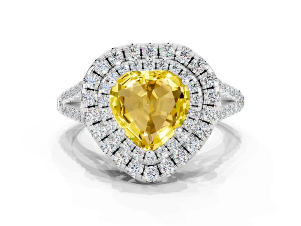 White gold Heart Cut Yellow Sapphire Double Halo Ring with Pavé Band and Prong Setting
